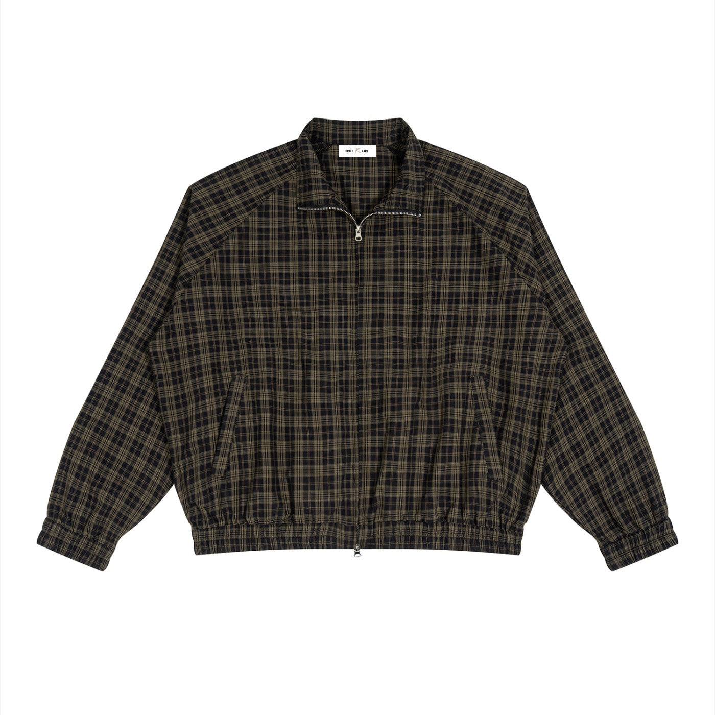 Urban Fashion & Streetwear | Craftklart black plaid full-zip track jacket with raglan sleeves and stand collar.