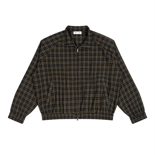 Urban Fashion & Streetwear | Craftklart black plaid full-zip track jacket with raglan sleeves and stand collar.