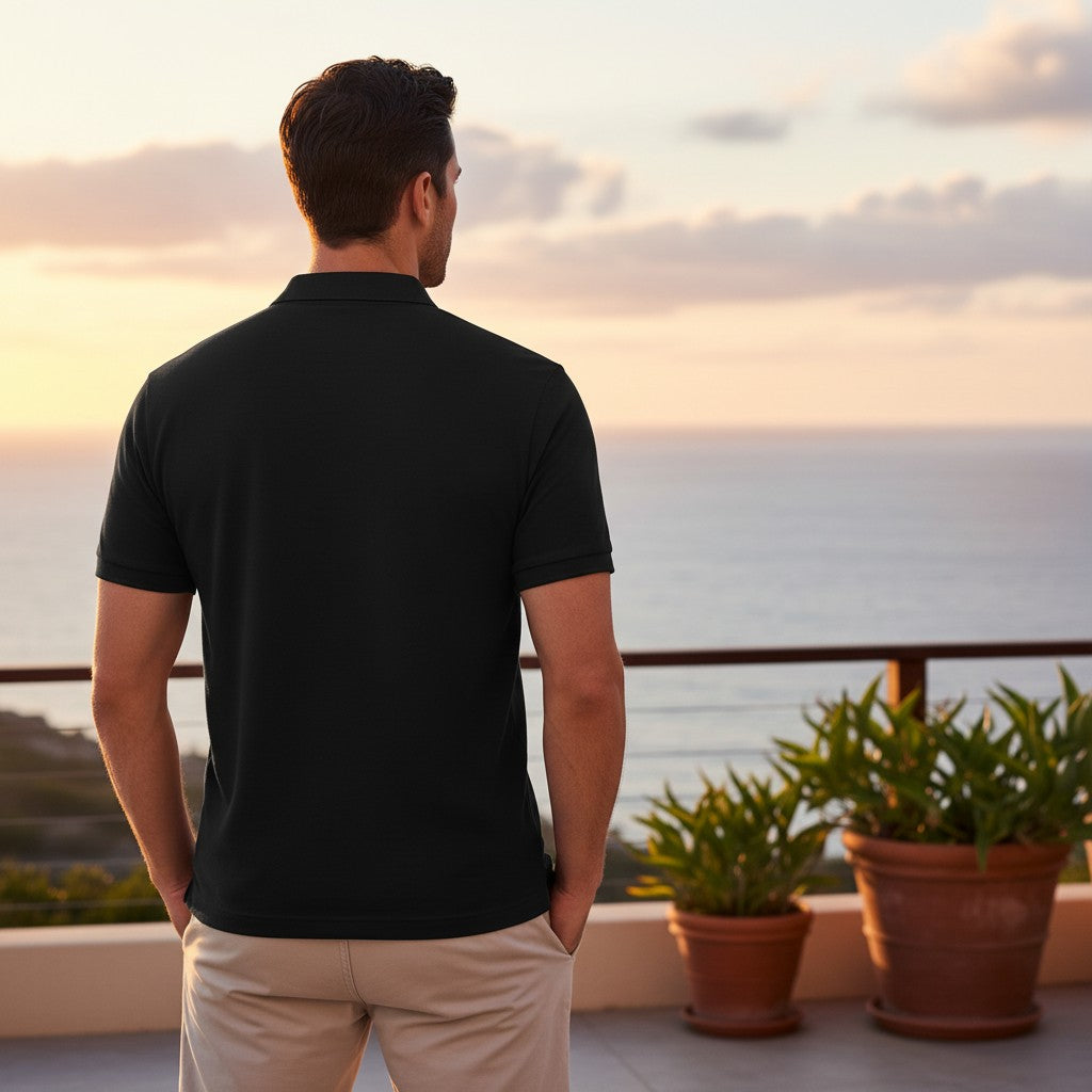 Back view of a man wearing a black Urban Fashion & Streetwear | Craftklart quarter-zip polo shirt on a balcony.