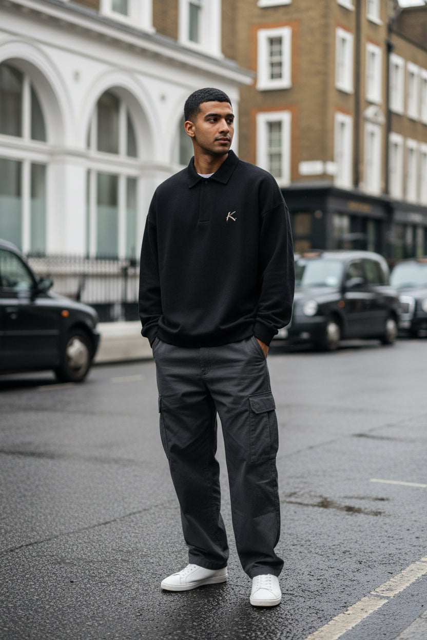 Urban Fashion & Streetwear | Craftklart black heavy 445GSM cotton sweatshirt with a polo collar and half-placket design.