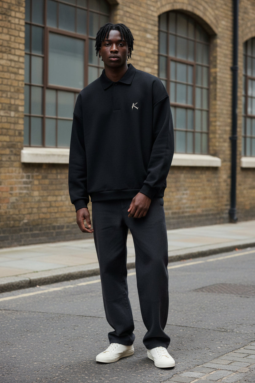 Urban Fashion & Streetwear | Craftklart black heavy 445GSM cotton sweatshirt with a polo collar and half-placket design.
