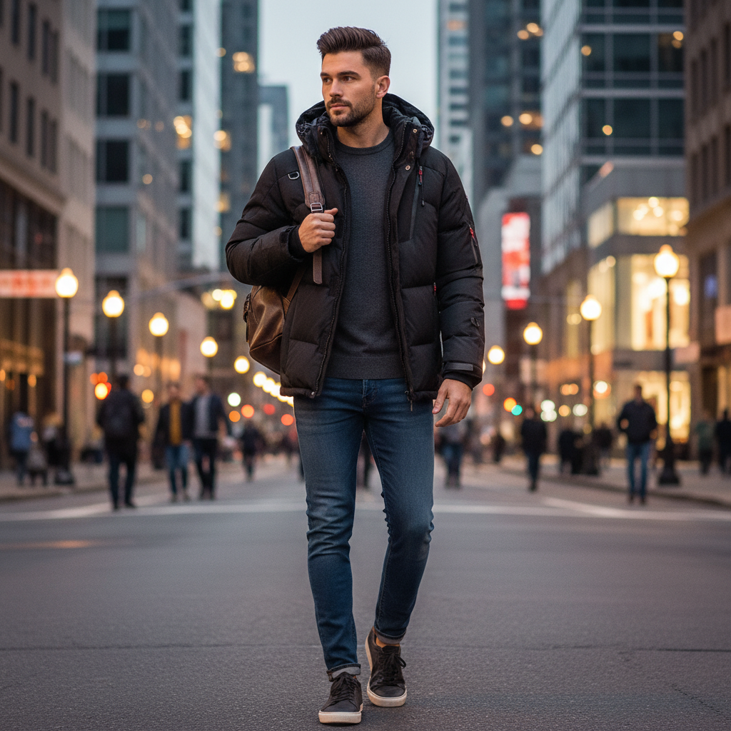 Man wearing a black Urban Fashion & Streetwear | Craftklart insulated puffer jacket with a hood walking in the city