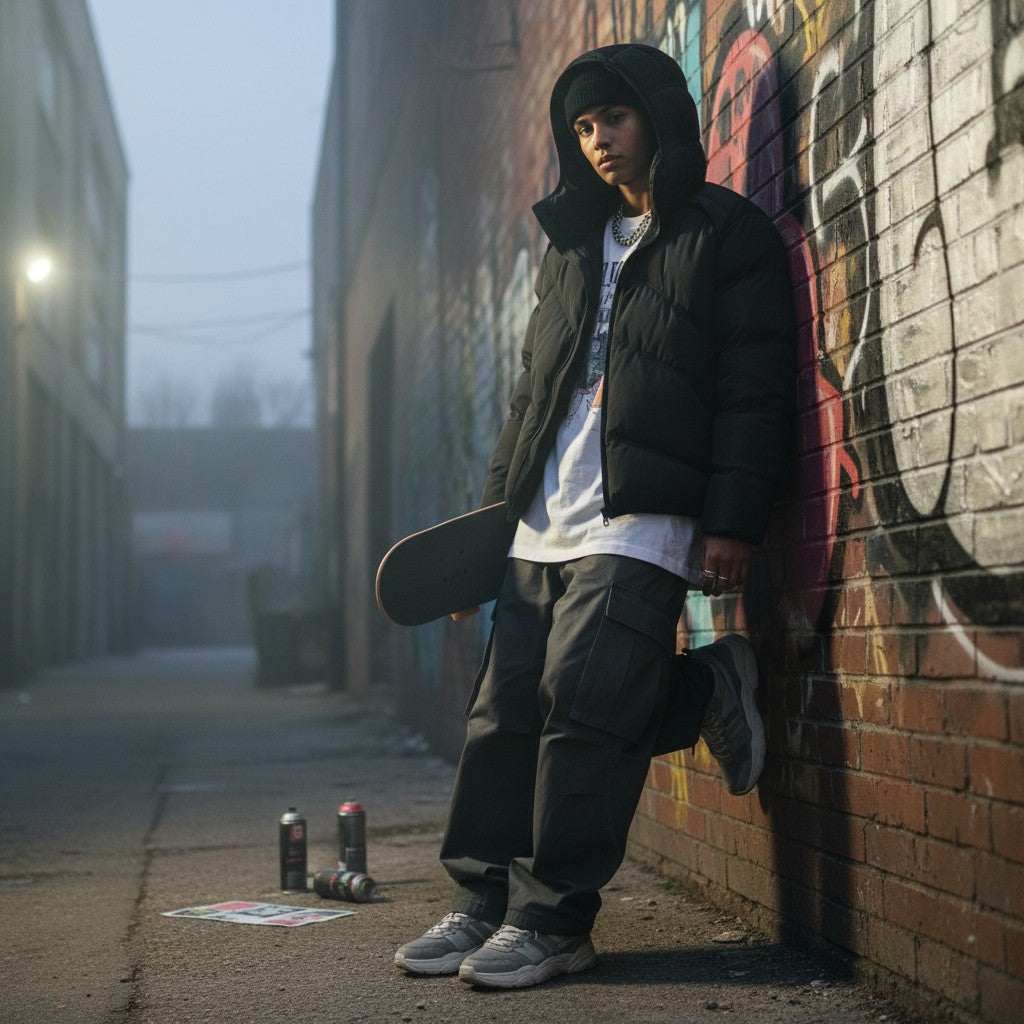 Urban Fashion & Streetwear | Craftklart black padded hooded puffer jacket with slanted zipper worn by a young skater.