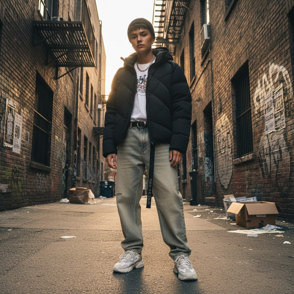 Urban Fashion & Streetwear | Craftklart black hooded puffer jacket with slanted zipper worn in an urban alleyway.