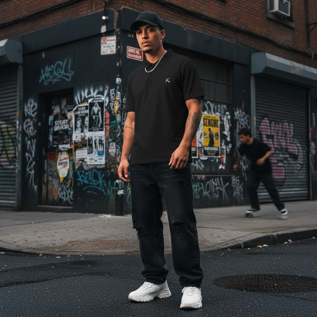 A man wearing an Urban Fashion & Streetwear | Craftklart black quarter-zip polo shirt with black distressed jeans.