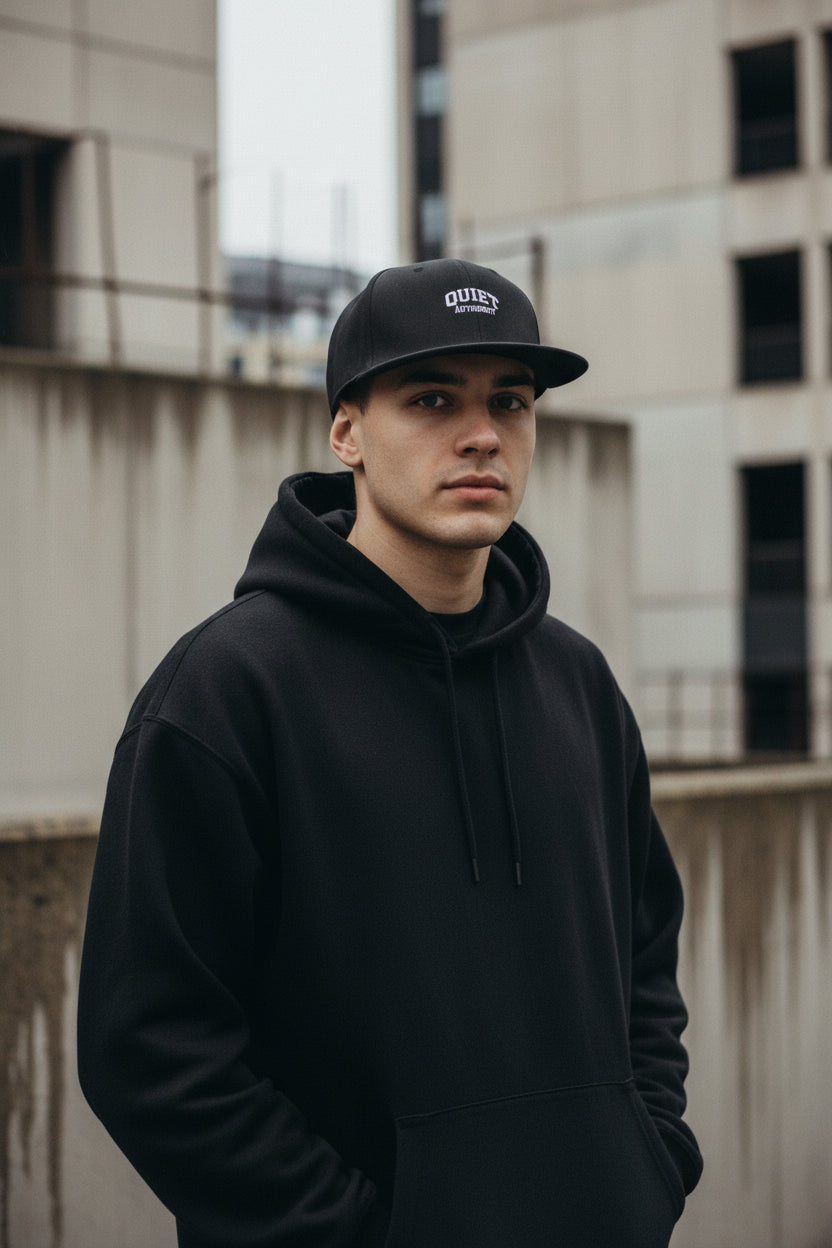 Black Craftklart Quiet Authority Snapback hat, urban streetwear headwear with a flat brim and adjustable snap closure.
