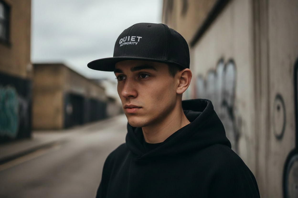 Black Craftklart Quiet Authority snapback hat with urban streetwear style, featuring a structured design and adjustable snapback closure.