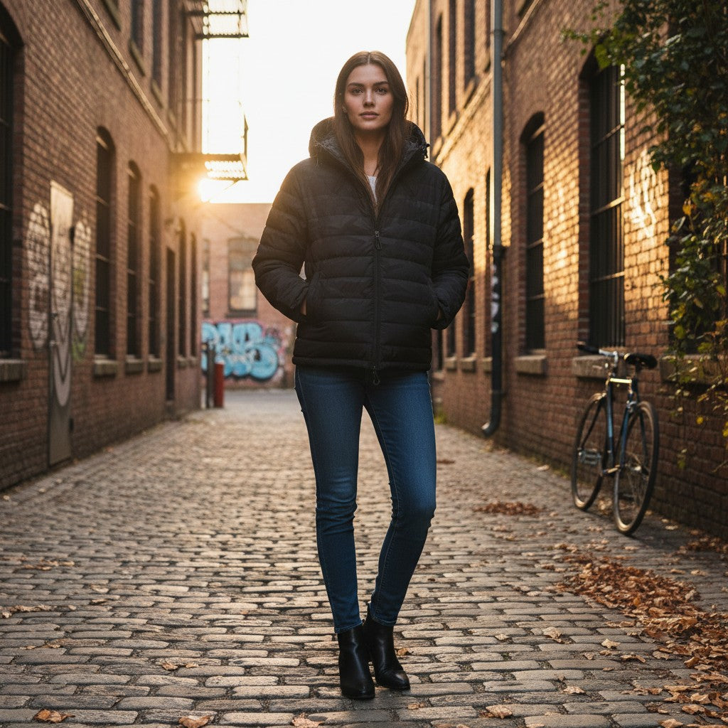 Urban Fashion & Streetwear | Craftklart black lightweight quilted winter jacket with zipper and hood in city alley