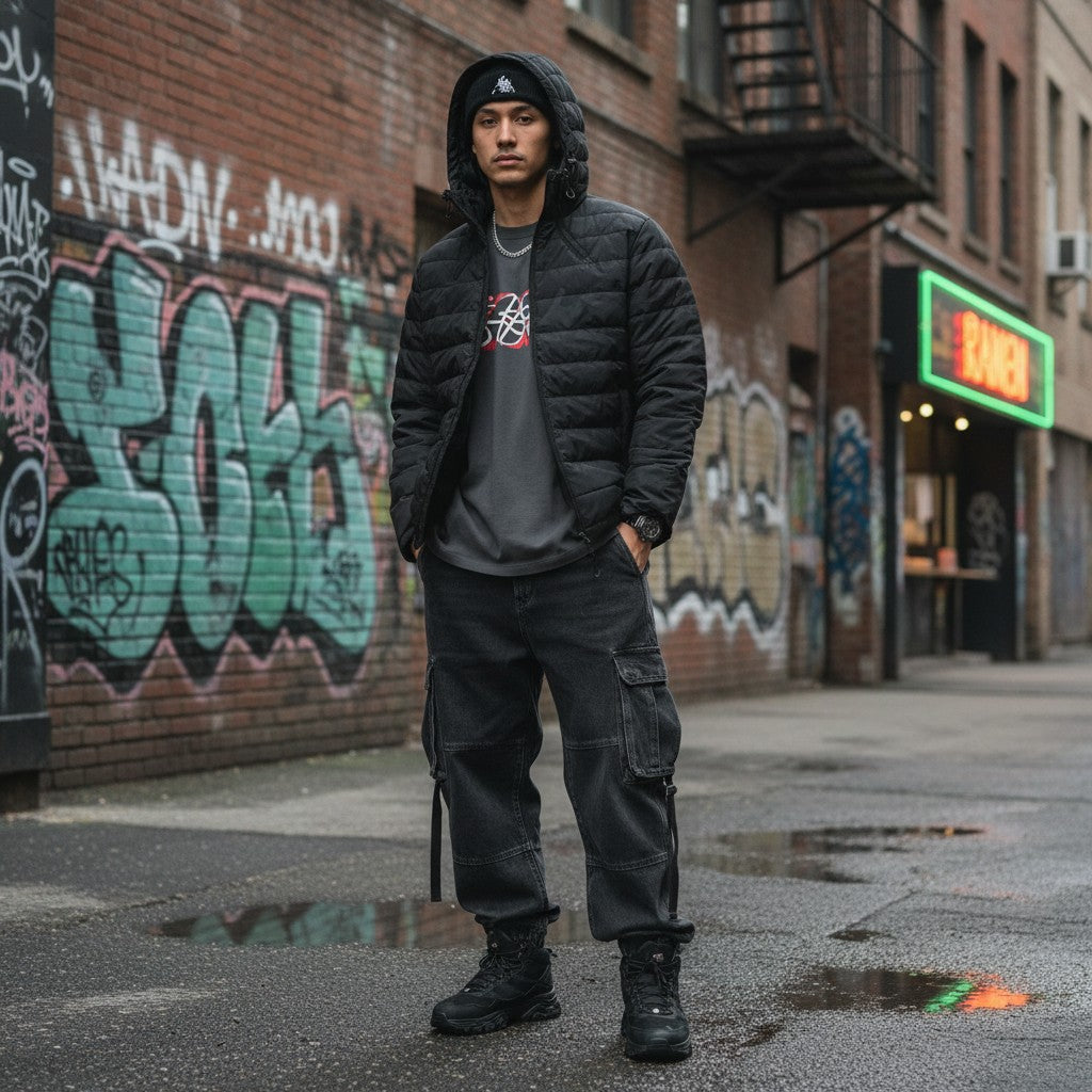 Urban Fashion & Streetwear | Craftklart lightweight black quilted winter jacket with zipper and hood in city setting