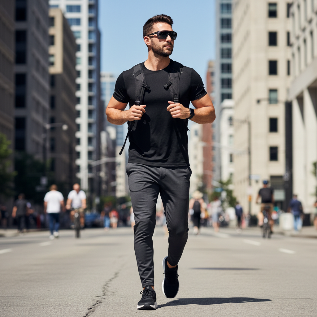 Urban Fashion & Streetwear | Craftklart men's black raglan training t-shirt with reflective details on city street