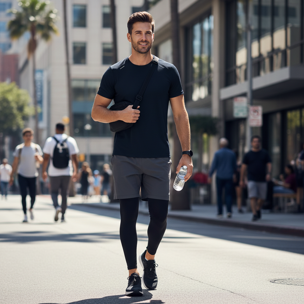 A man wearing an Urban Fashion & Streetwear | Craftklart black raglan training t-shirt walking on a sunny city street.