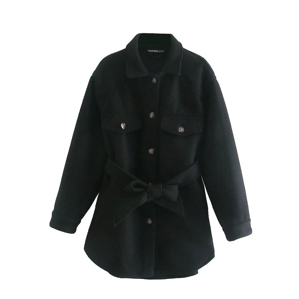 Urban Fashion & Streetwear | Craftklart black polyester shirt coat featuring a button-up front and a tie-waist belt.