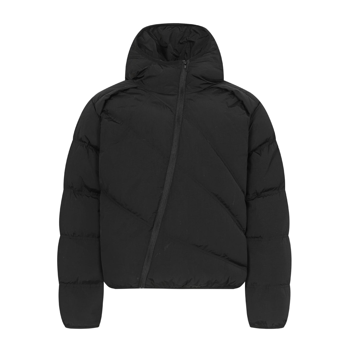 Urban Fashion & Streetwear | Craftklart black padded hooded jacket with a unique asymmetrical slanted zipper design.