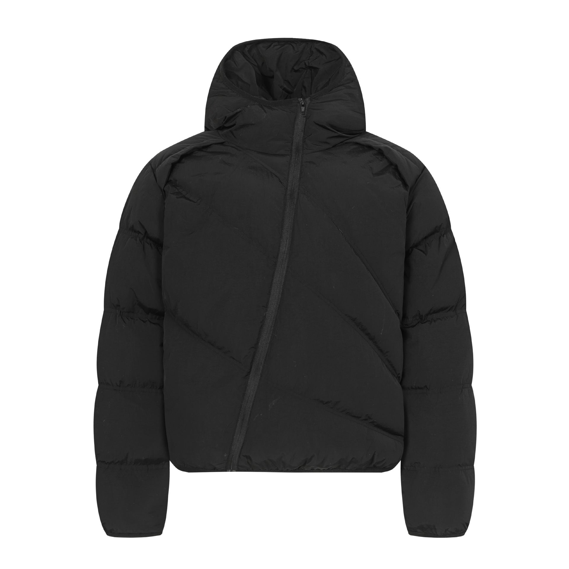 Urban Fashion & Streetwear | Craftklart black padded hooded jacket with a modern asymmetrical slanted zipper design.