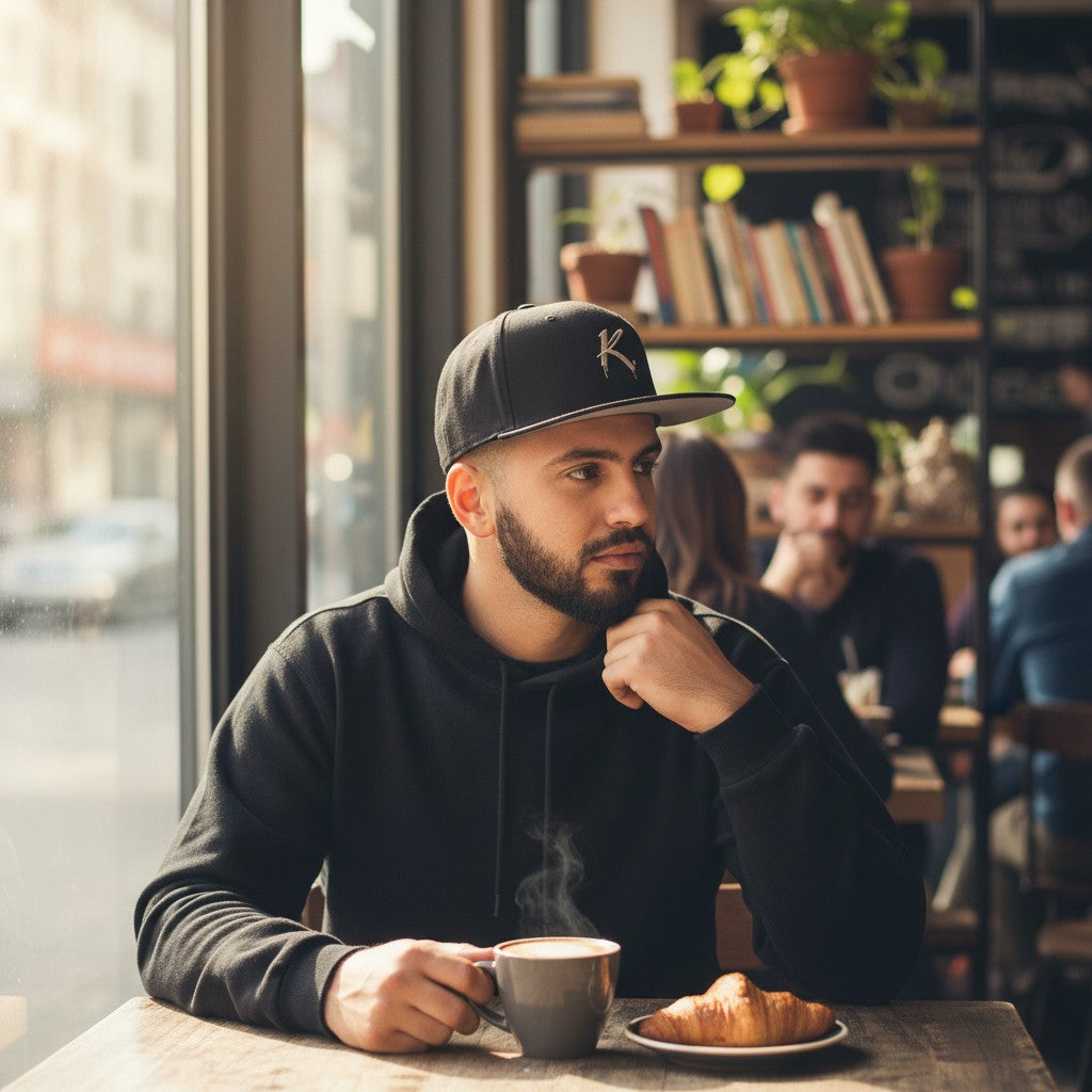 Man wearing a black Urban Fashion & Streetwear | Craftklart snapback cap with a flat visor in a cozy cafe setting.