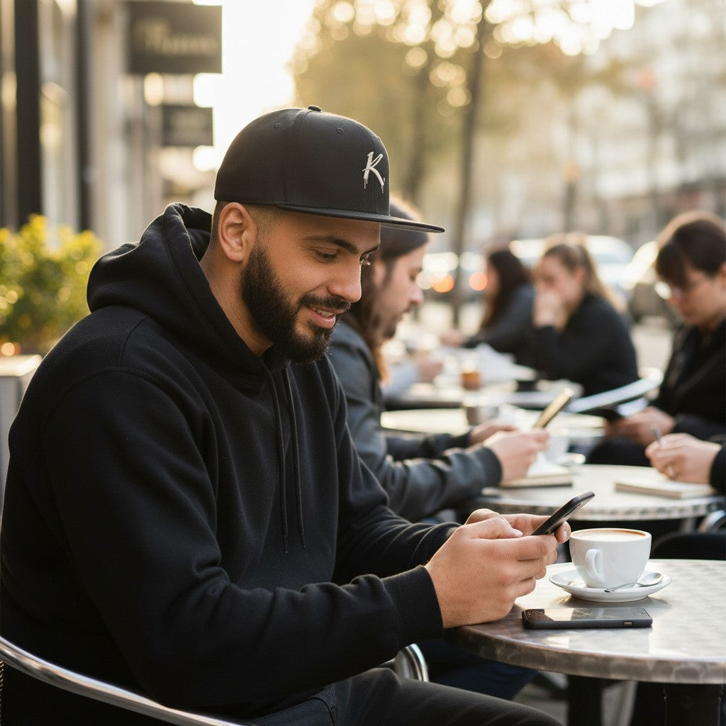 Man wearing a black Urban Fashion & Streetwear | Craftklart snapback cap with a flat visor at an outdoor cafe.
