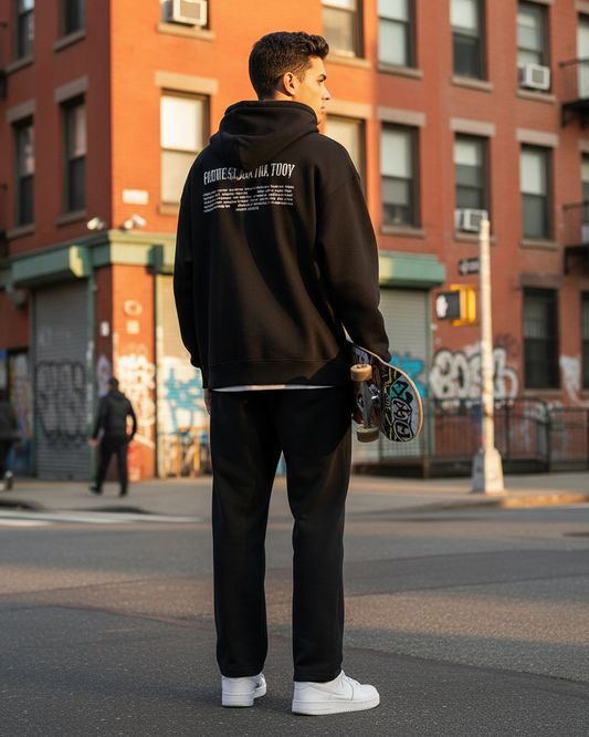 Urban Fashion & Streetwear | Craftklart unisex straight sweatpants in black cotton worn with a matching hoodie