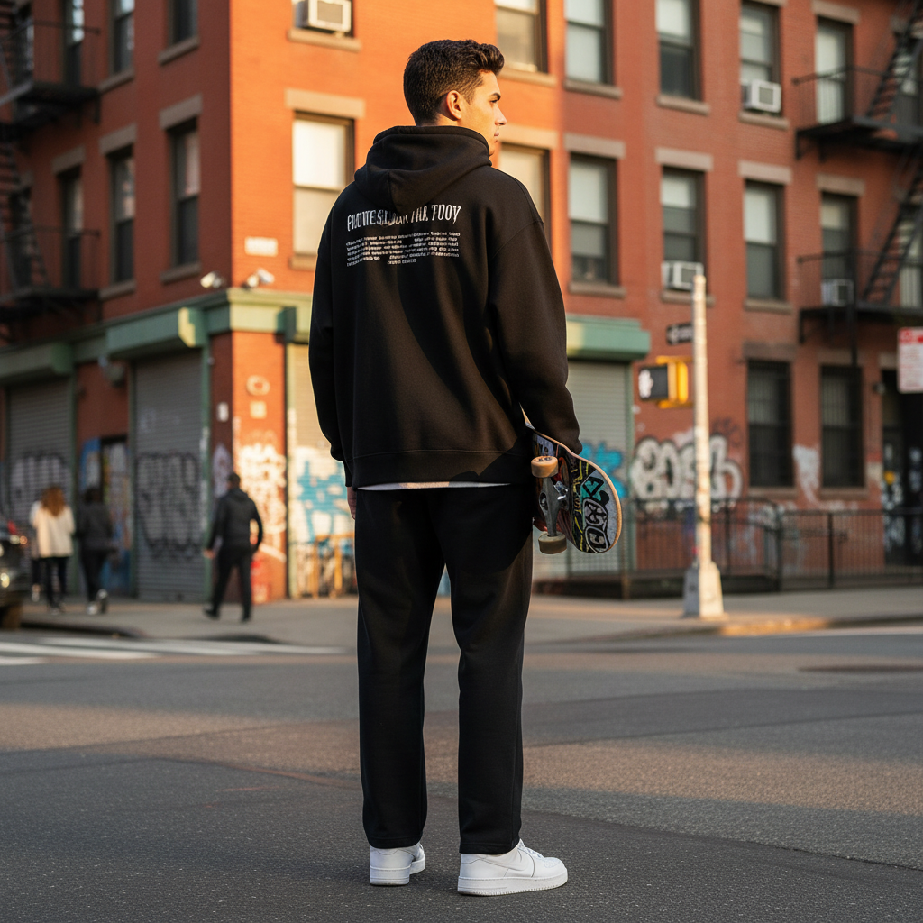Urban Fashion & Streetwear | Craftklart unisex straight sweatpants in black cotton worn with a matching hoodie