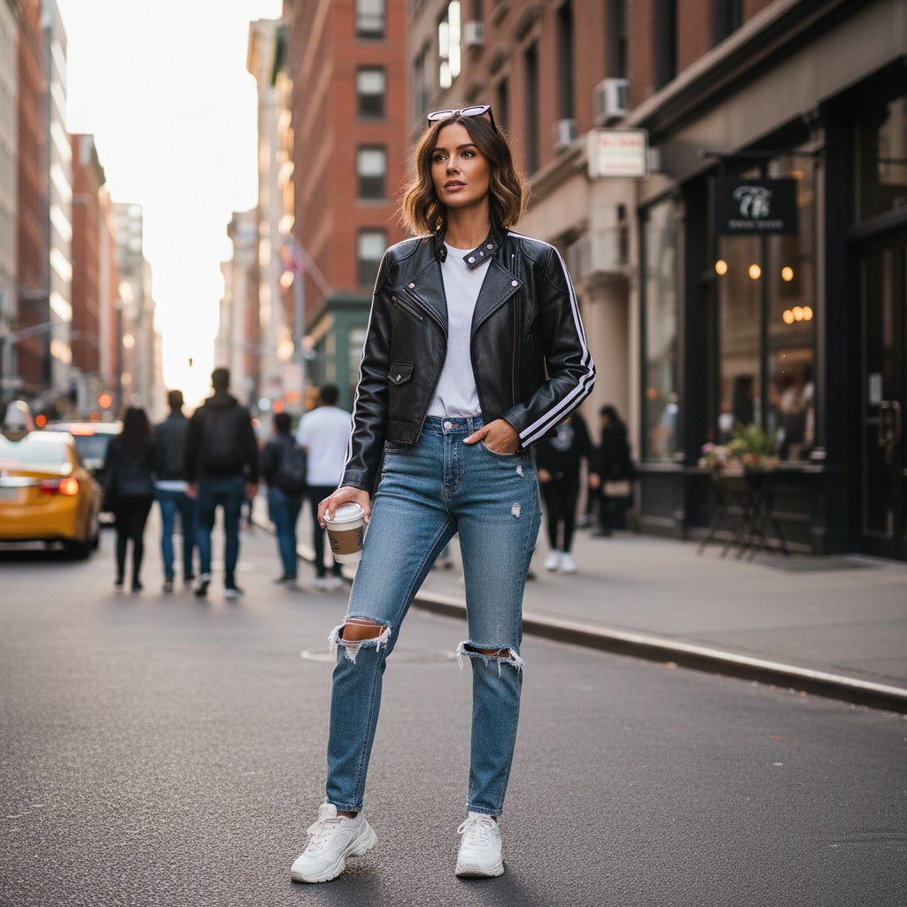 Urban Fashion & Streetwear | Craftklart black striped jacket with zipper closure worn by a woman on a city street.