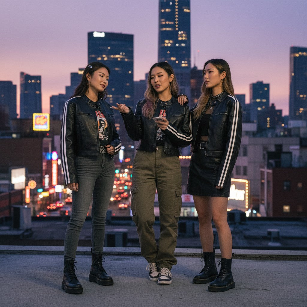 Three women wearing Urban Fashion & Streetwear | Craftklart black striped jackets on a city rooftop at sunset.