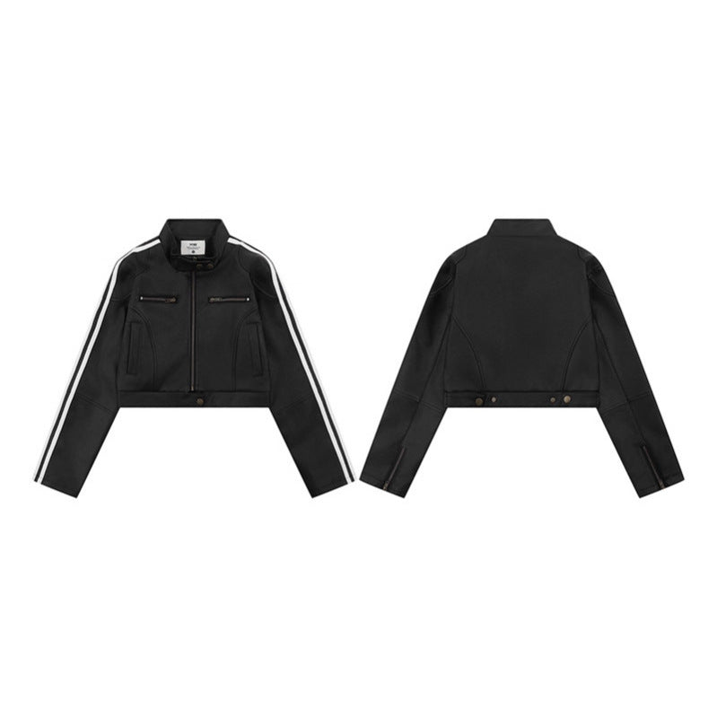 Urban Fashion & Streetwear | Craftklart black cotton jacket with white stripes, stand collar, and zipper closure.