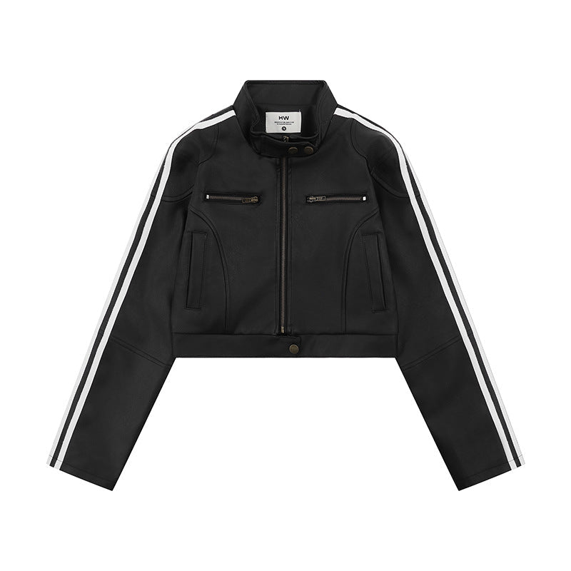 Urban Fashion & Streetwear | Craftklart black cropped jacket with white side stripes, stand collar, and zipper closure