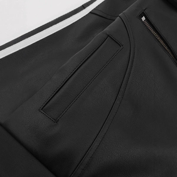 Urban Fashion & Streetwear | Craftklart black leather jacket with white striped detail and zipper pocket