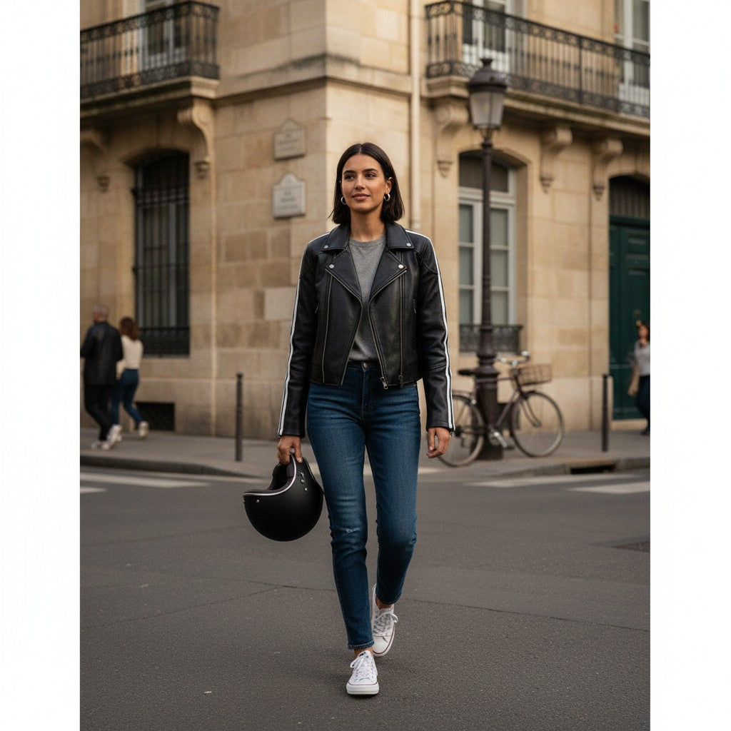 Urban Fashion & Streetwear | Craftklart black striped jacket with zipper closure worn by a woman on a city street