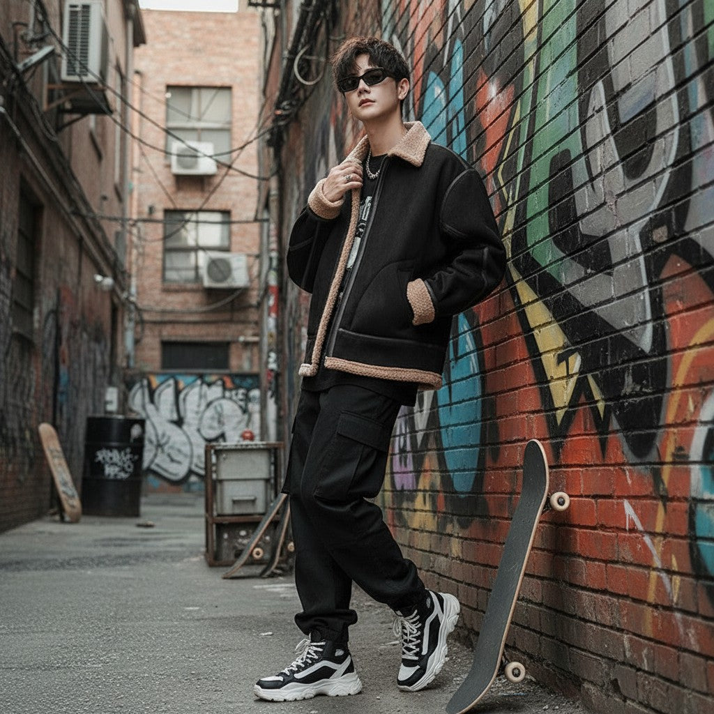 Urban Fashion & Streetwear | Craftklart men's black suede hooded jacket with velvet lining in a street setting