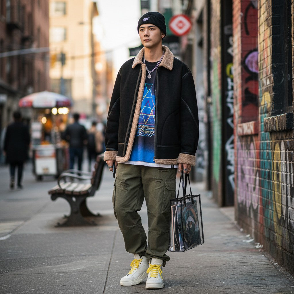 Urban Fashion & Streetwear | Craftklart man wearing a black suede hooded jacket with velvet lining on a city street