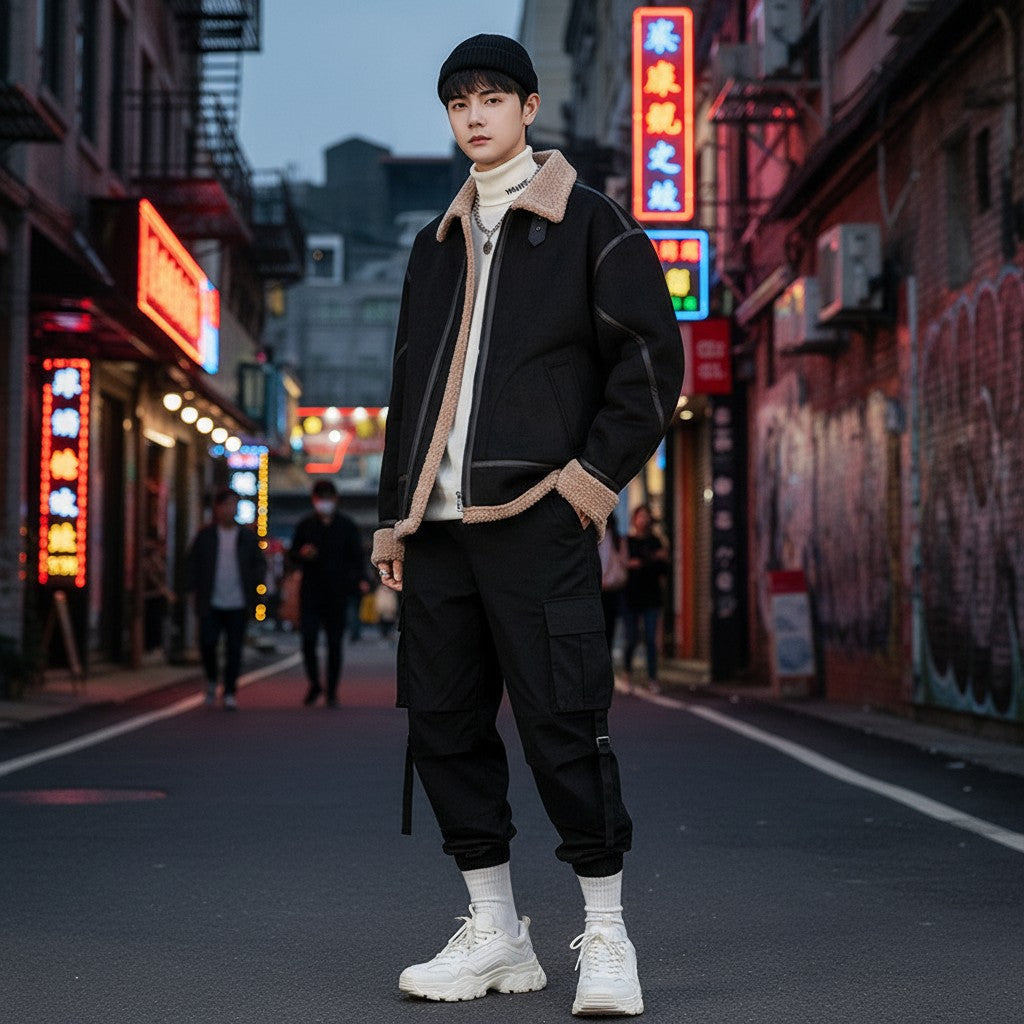 Urban Fashion & Streetwear | Craftklart men's black suede hooded jacket with velvet lining in a city street setting