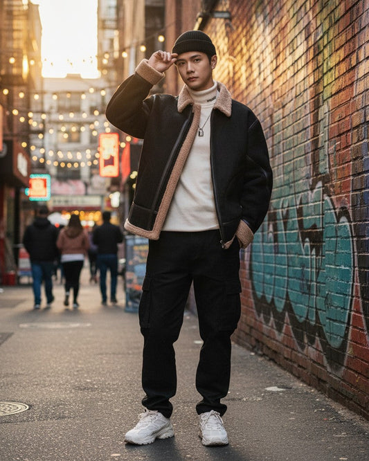 Urban Fashion & Streetwear | Craftklart man wearing a black suede hooded jacket with velvet lining in a city alley