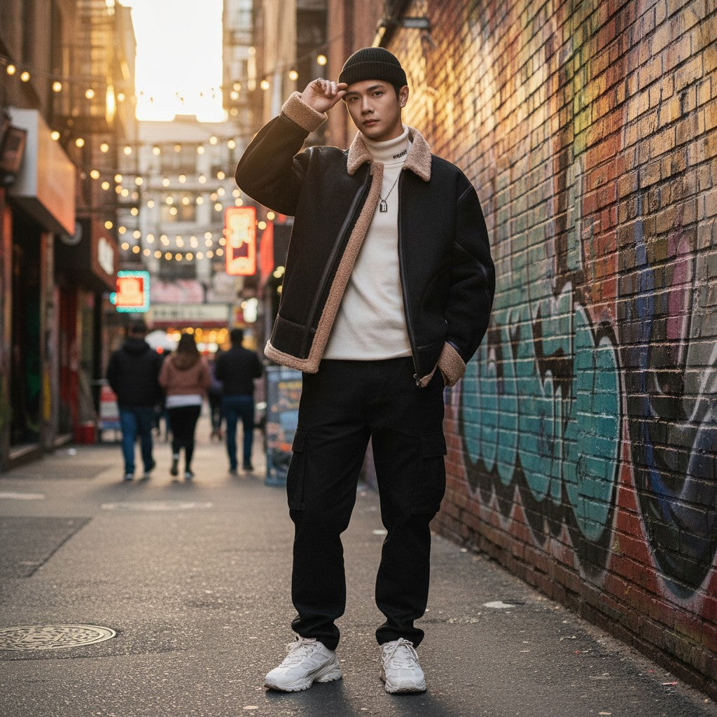 Urban Fashion & Streetwear | Craftklart man wearing a black suede hooded jacket with velvet lining in a city alley