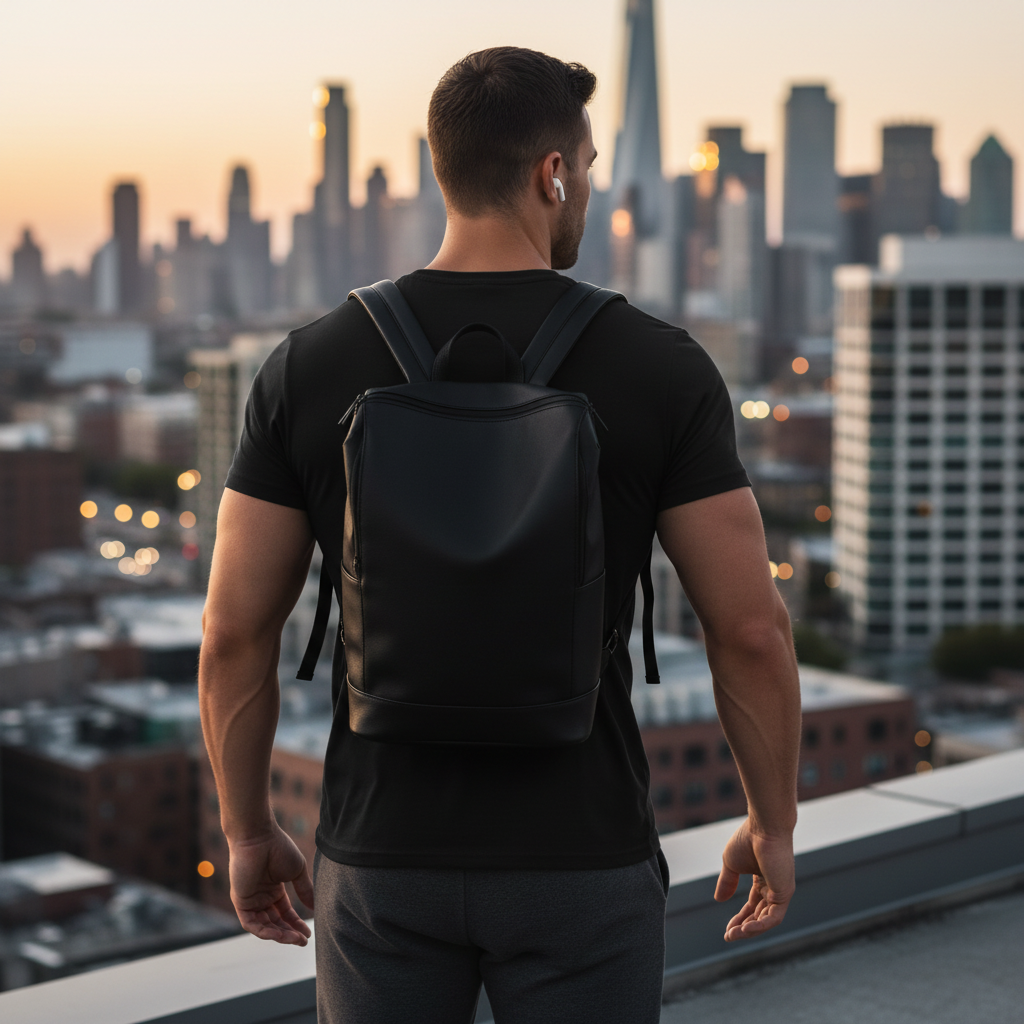 A man wearing a black crewneck t-shirt from Urban Fashion & Streetwear | Craftklart, standing on a city rooftop.