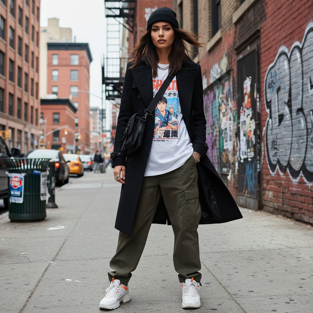 Urban Fashion & Streetwear | Craftklart black double-breasted trench coat worn by a woman on a city street.