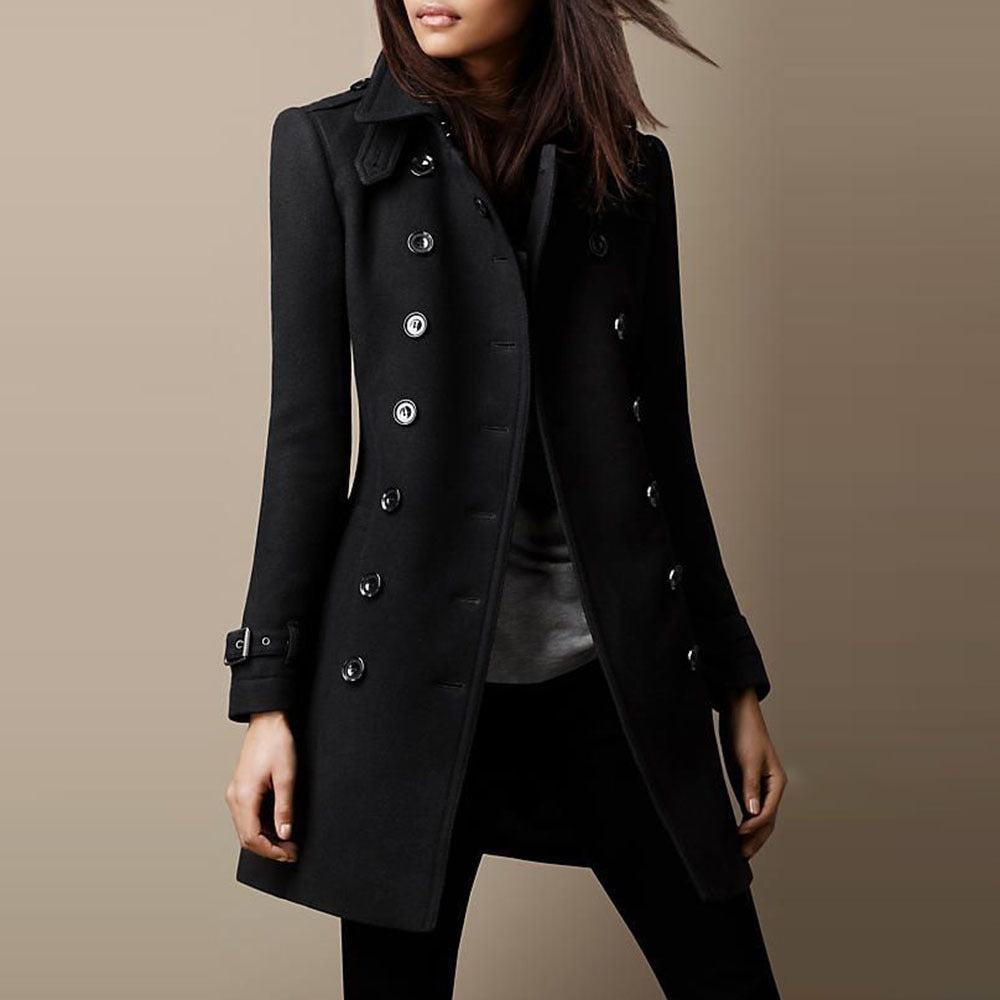 Urban Fashion & Streetwear | Craftklart women's black double-breasted mid-length trench coat with tailored fit