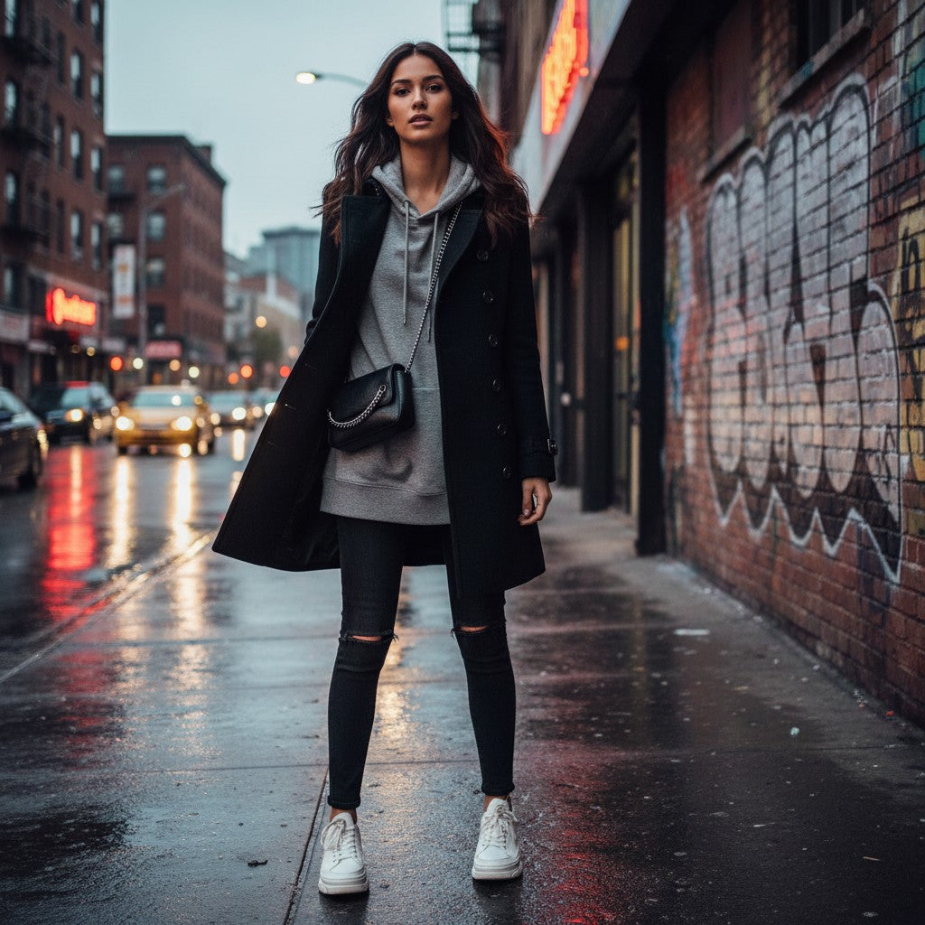 Urban Fashion & Streetwear | Craftklart black double-breasted trench coat worn by a woman with a grey hoodie