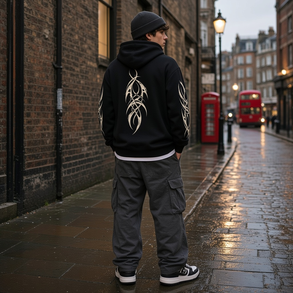 Urban Fashion & Streetwear | Craftklart black heavyweight hoodie with tribal back graphic worn by a man in London