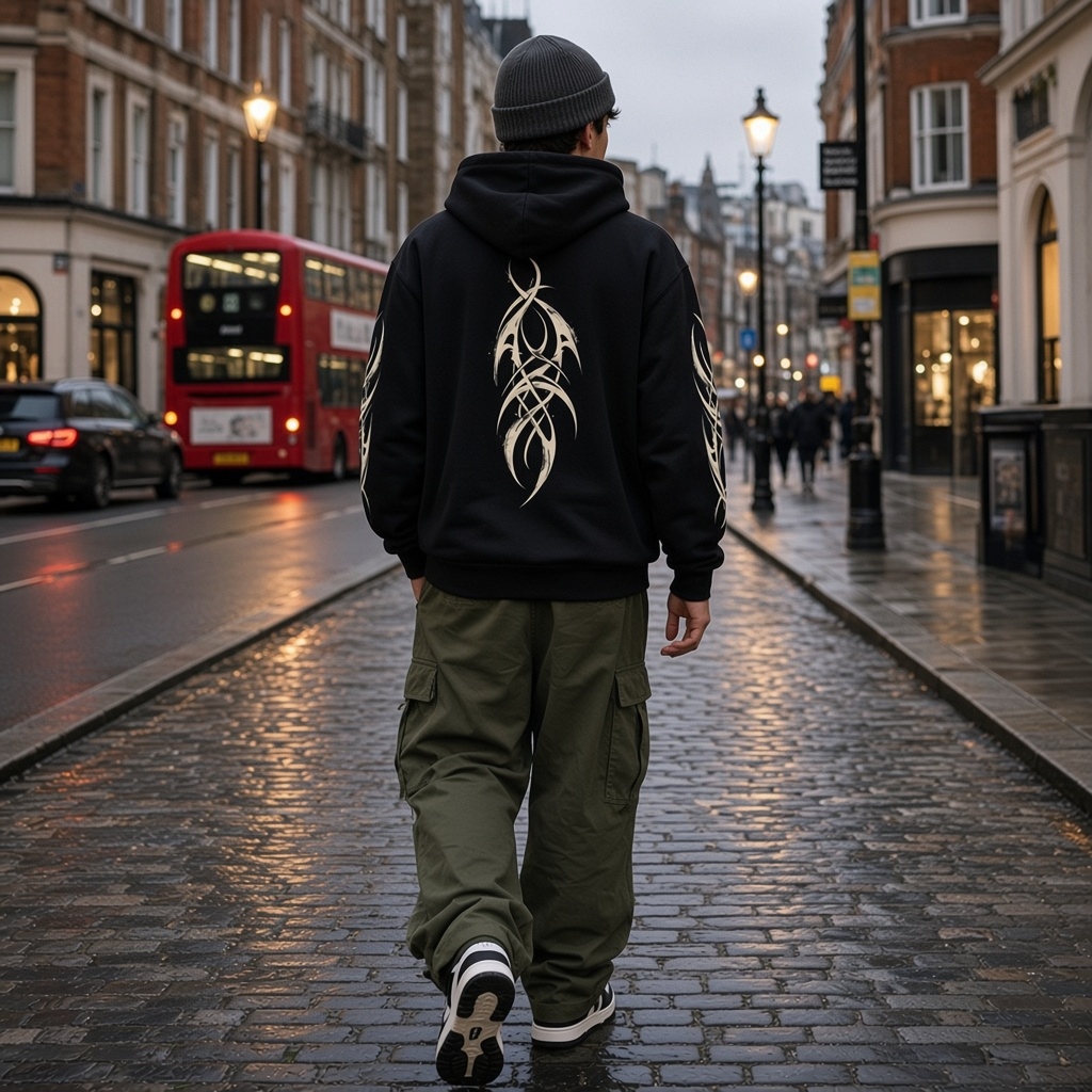 Urban Fashion & Streetwear | Craftklart black heavyweight hoodie with tribal back graphic worn on a London street