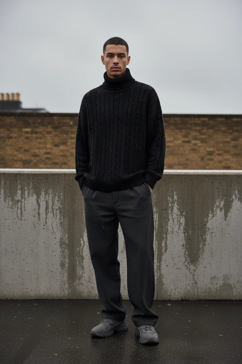 Urban Fashion & Streetwear | Craftklart men's black cable knit turtleneck sweater worn with grey trousers outdoors