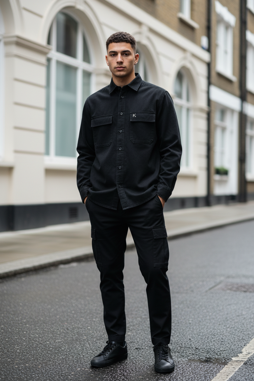 A man wearing a black Urban Fashion & Streetwear | Craftklart utility overshirt with chest pockets and matching trousers