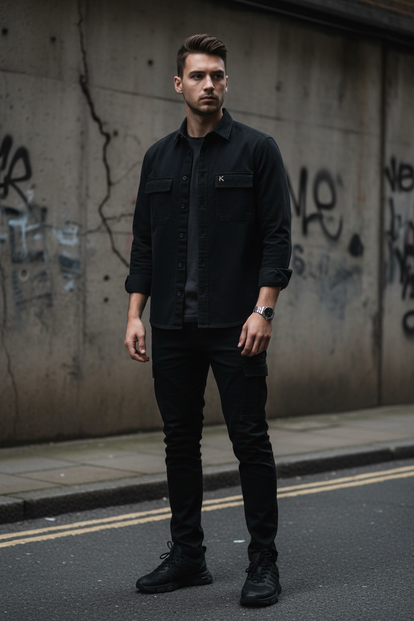 Man wearing a black Urban Fashion & Streetwear | Craftklart utility overshirt with chest pockets over a dark t-shirt