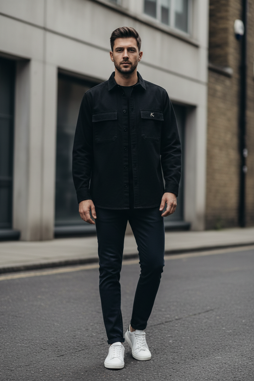 Man wearing a black Urban Fashion & Streetwear | Craftklart utility overshirt with chest pockets and white trainers