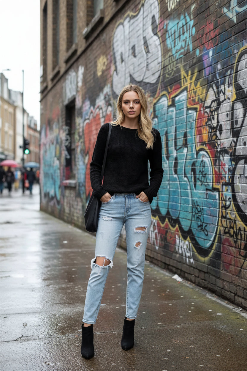 Urban Fashion & Streetwear | Craftklart black waffle knit long sleeve crewneck sweater worn by a smiling blonde woman