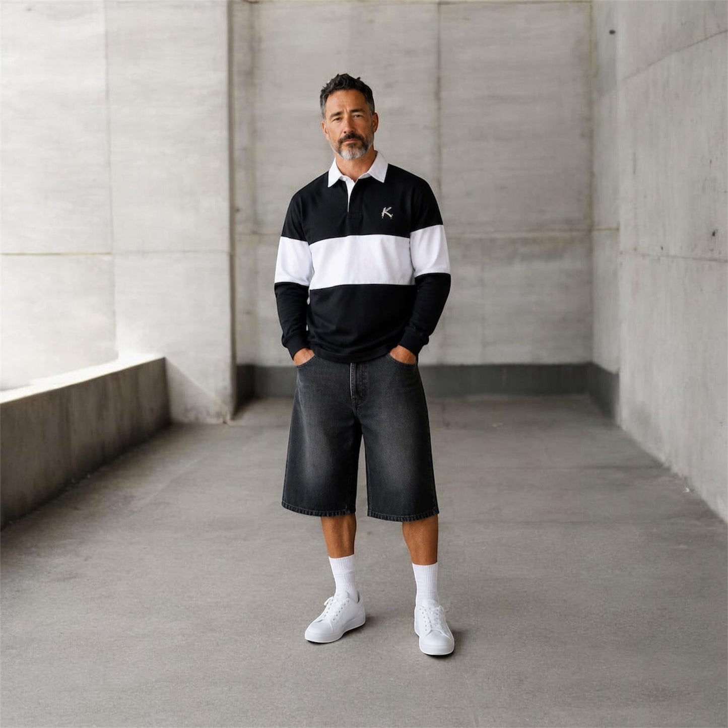 Model wearing Urban Fashion & Streetwear | Craftklart black and white heavyweight cotton rugby shirt with collar