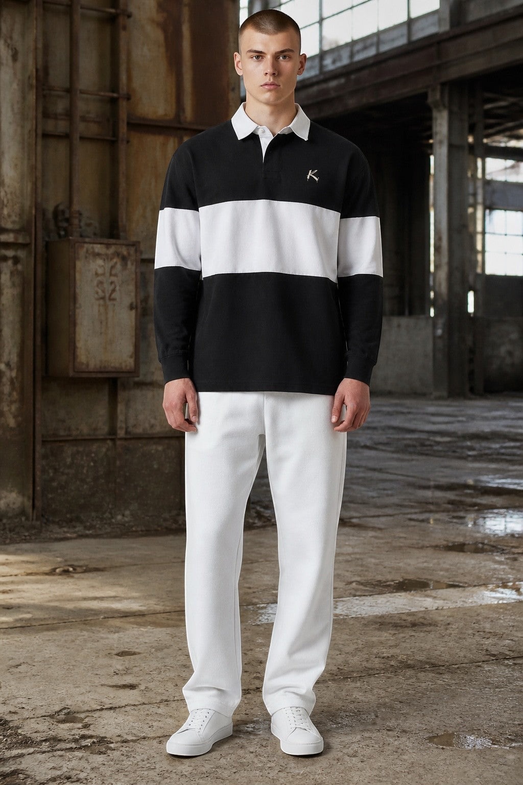 Model wearing Urban Fashion & Streetwear | Craftklart black and white heavyweight cotton rugby shirt with collar.