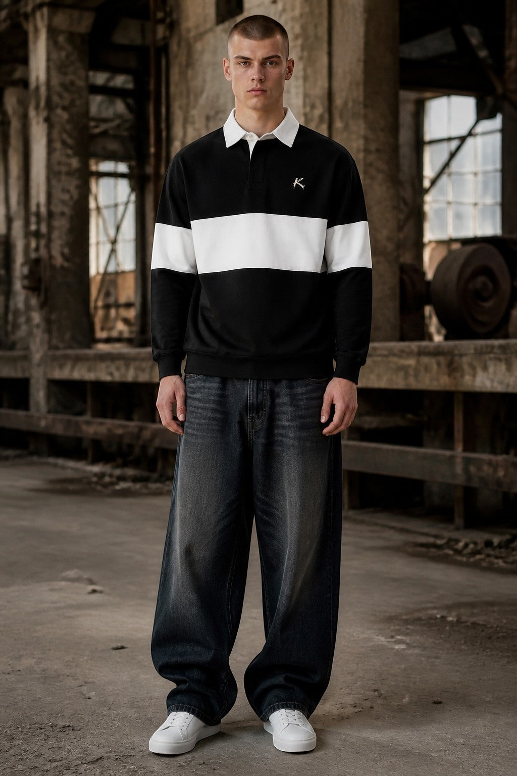 Urban Fashion & Streetwear | Craftklart rugby shirt in black and white heavyweight cotton with a contrast collar.