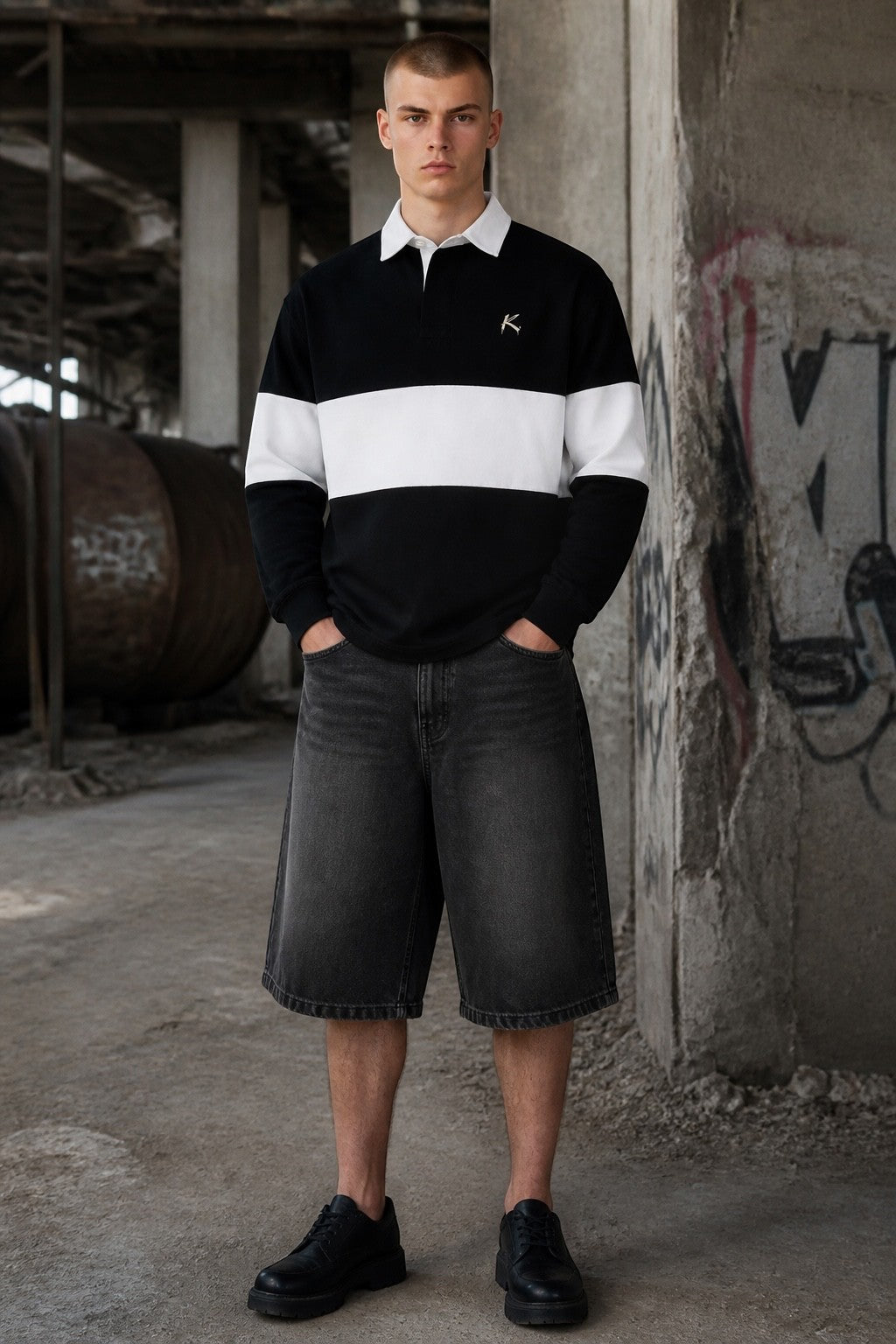 Urban Fashion & Streetwear | Craftklart rugby shirt in black and white heavyweight cotton with a contrast collar