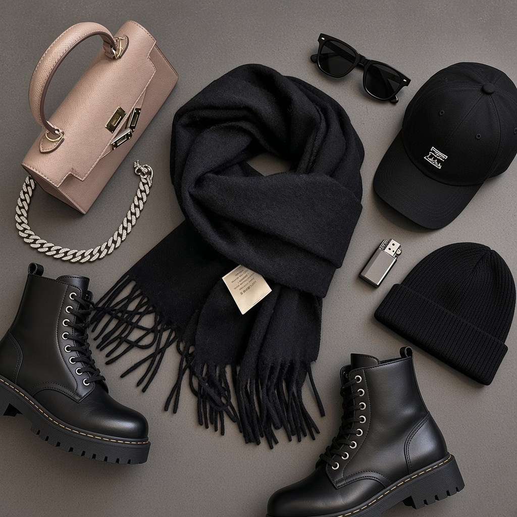 Urban Fashion & Streetwear | Craftklart premium black wool scarf with fringe, styled with boots, bag, and cap.