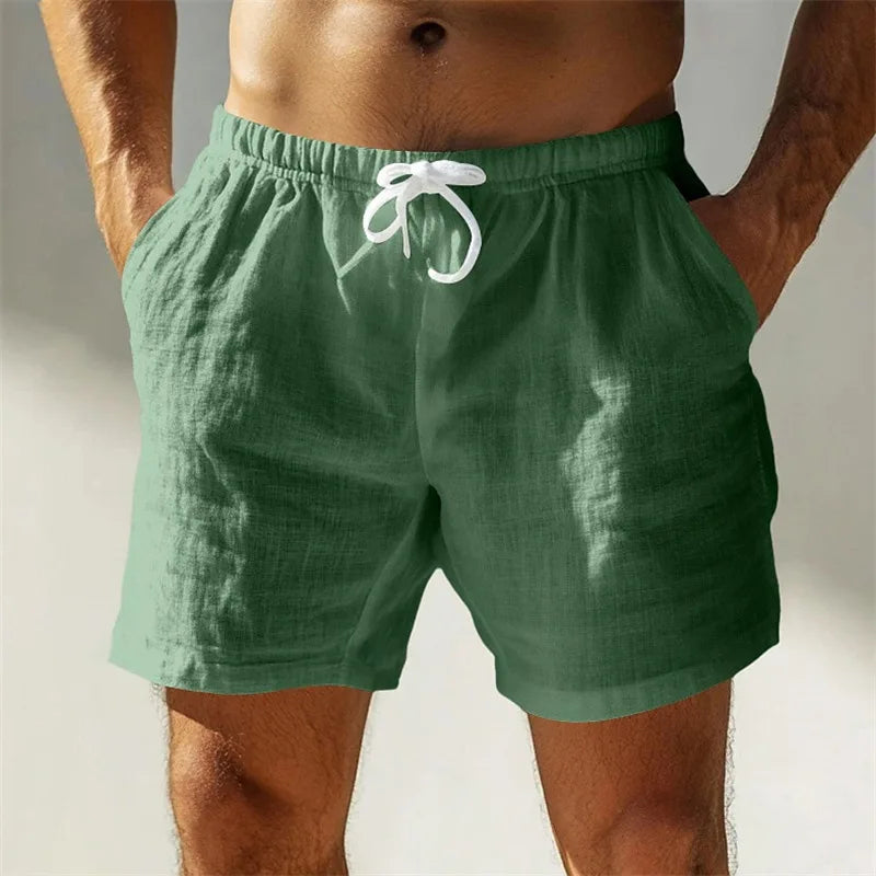 Men's black loose-fit linen shorts with elastic waistband, drawstring, breathable cotton-linen fabric, casual summer streetwear.
